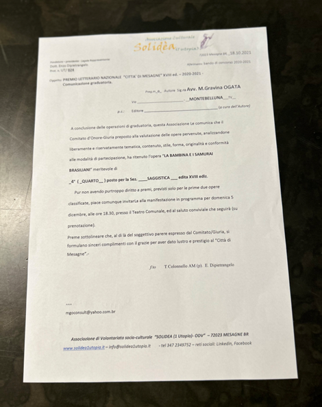 Certificado do Premio Letterario Nazionale Città di Mesagne 2021