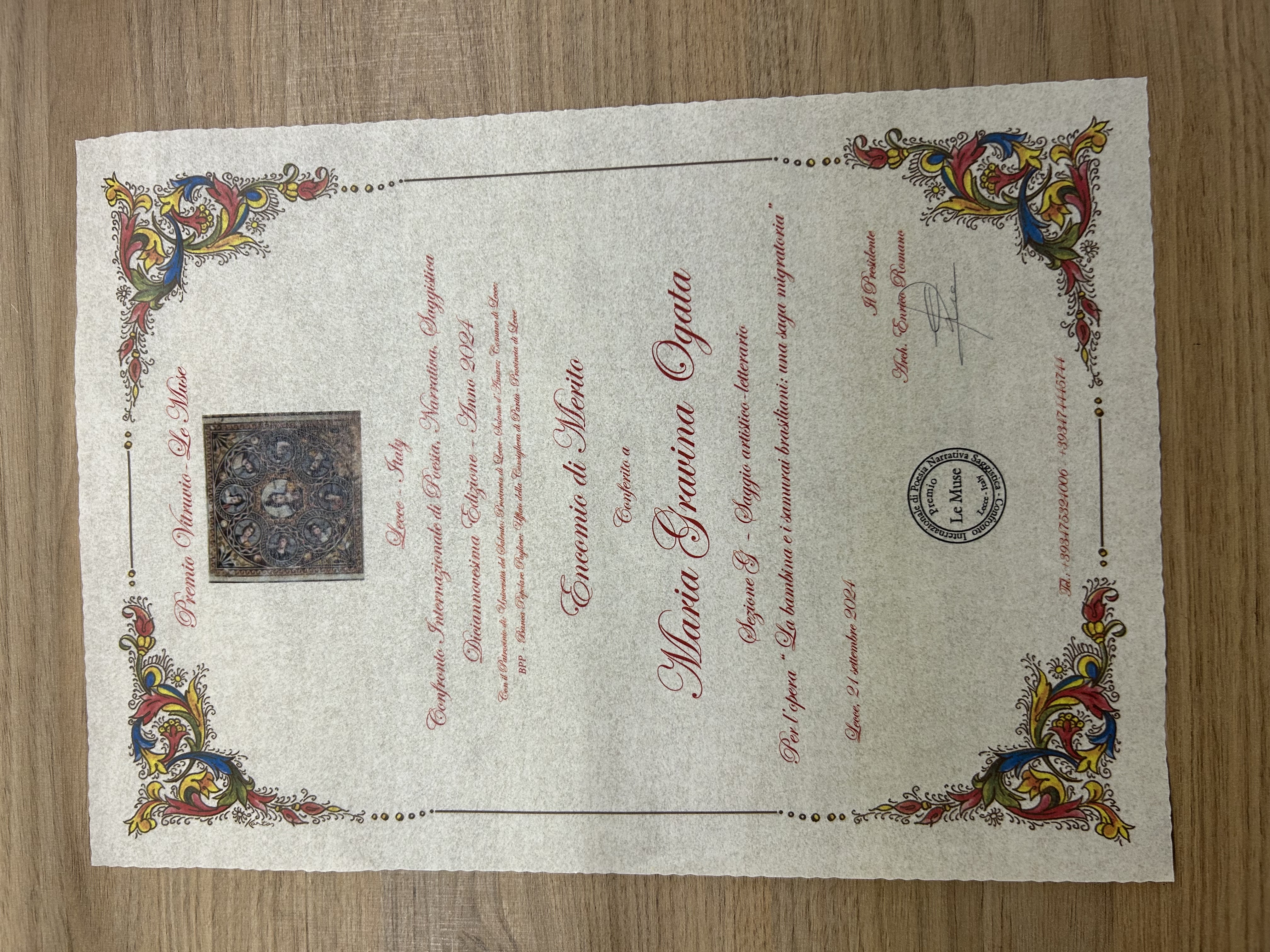 Diploma do Premio Vitruvio-Le Muse 2024